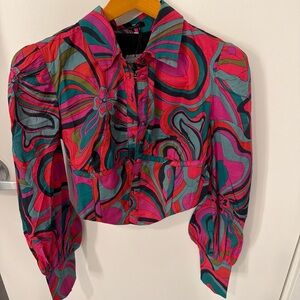 Olivaceous Swirl cropped corset puff sleeve button up top